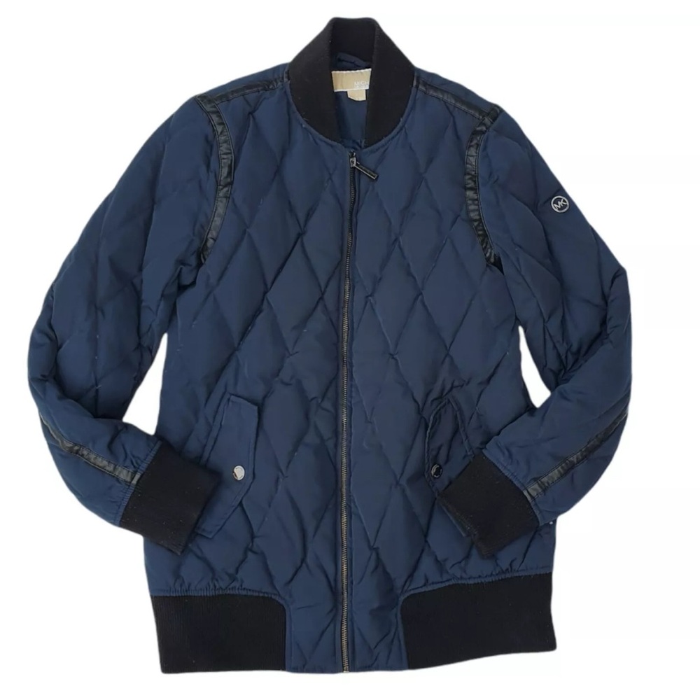 Michael Kors Mens Navy Blue Full Zip Down Puffer Coat Faux Leather Trim
